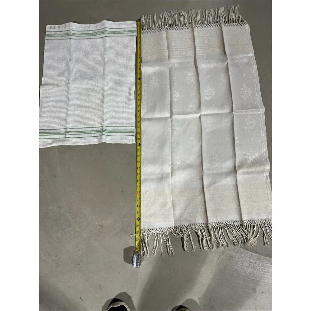 Vintage Linen Fringed Dresser Table Runner 40”x 21” And Cotton Dish Towel 24”x17